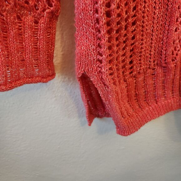 Chico’s Open Stitch Pullover Coral Pink Sweater Size SP Long Sleeve Lightweight - Picture 8 of 11